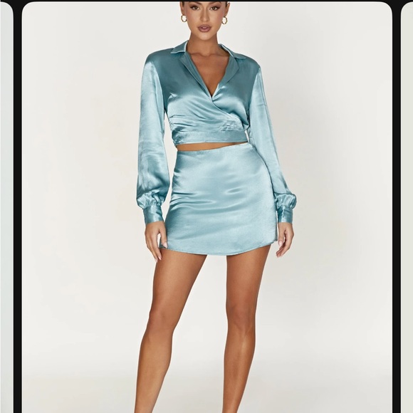 Meshki Dresses & Skirts - Meshki Amia Satin Wrap Shirt & Mini Skirt Set - Powder Blue